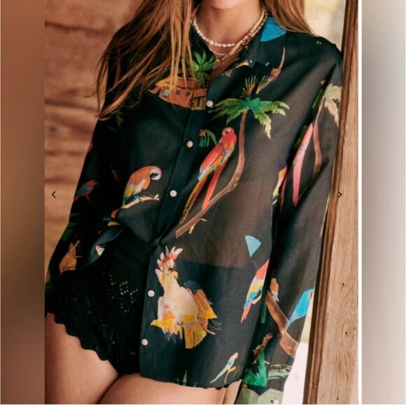 Sezane x G.Kero Pierro Black Jungle Parrot Silk Blened Blouse FR 46/US 14 - Picture 15 of 16